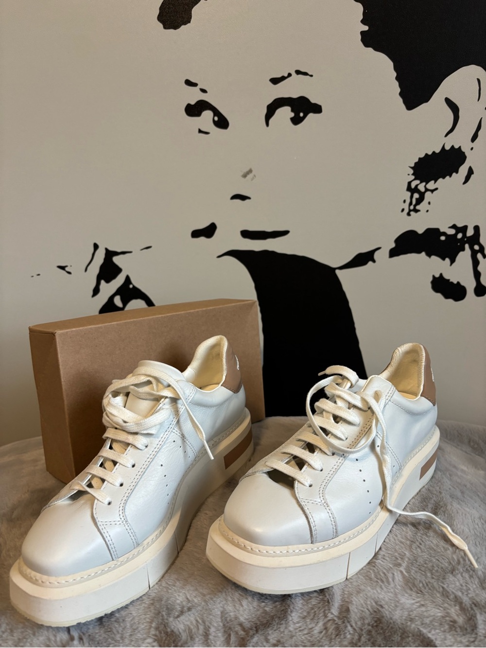 Paloma Barcelo White Platform Sneakers with Tan Heel